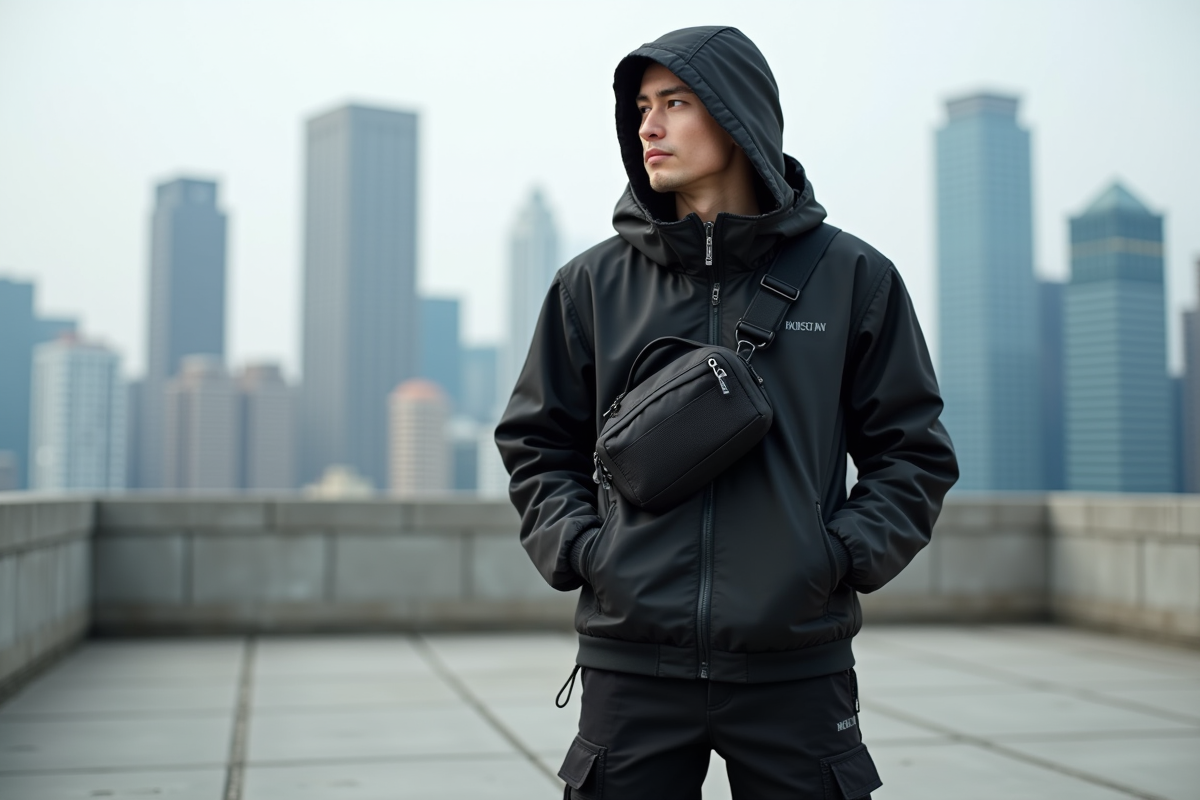 Jeune homme en techwear urbain sur un toit de ville