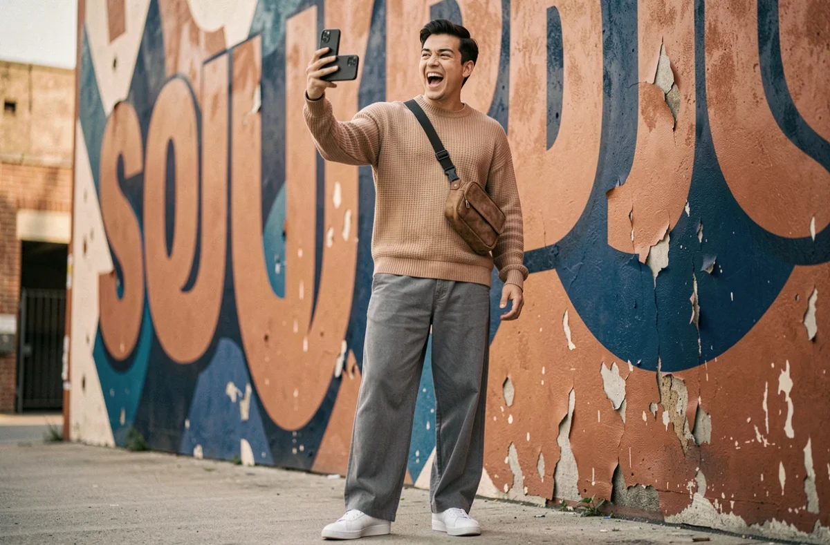Jeune homme filmant une vidéo TikTok devant un mur de street art coloré en ville, incarnant la culture et le vocabulaire des créateurs de contenu sur les réseaux sociaux