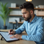 Jeune homme professionnel dessinant un diagramme UML sur une tablette