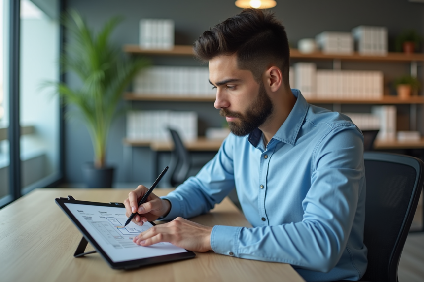 Jeune homme professionnel dessinant un diagramme UML sur une tablette