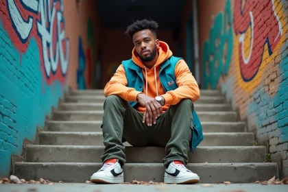 Jeune rappeur en hoodie graphique dans la rue urbaine