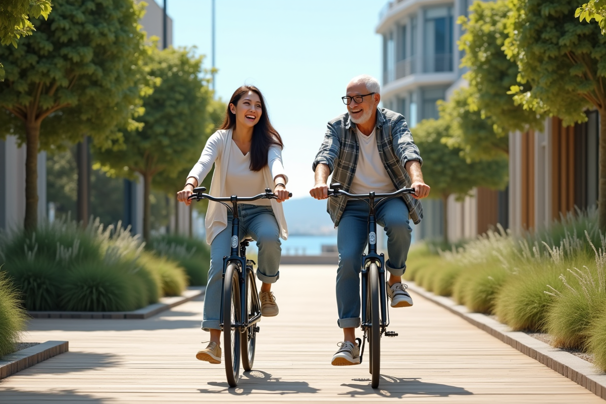 Jeune femme et senior à vélo dans une ville durable