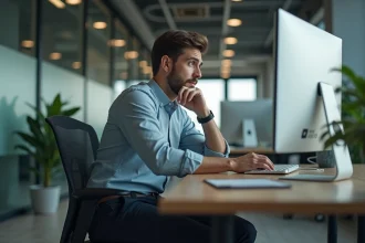 Jeune homme au bureau inquiet regardant son écran