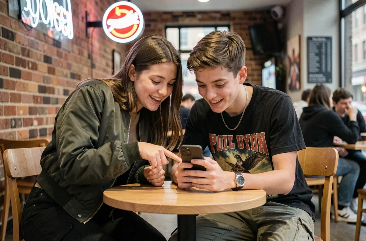 Deux jeunes assis dans un café regardant ensemble un smartphone et réagissant au contenu TikTok, représentant le slang et les tendances des réseaux sociaux