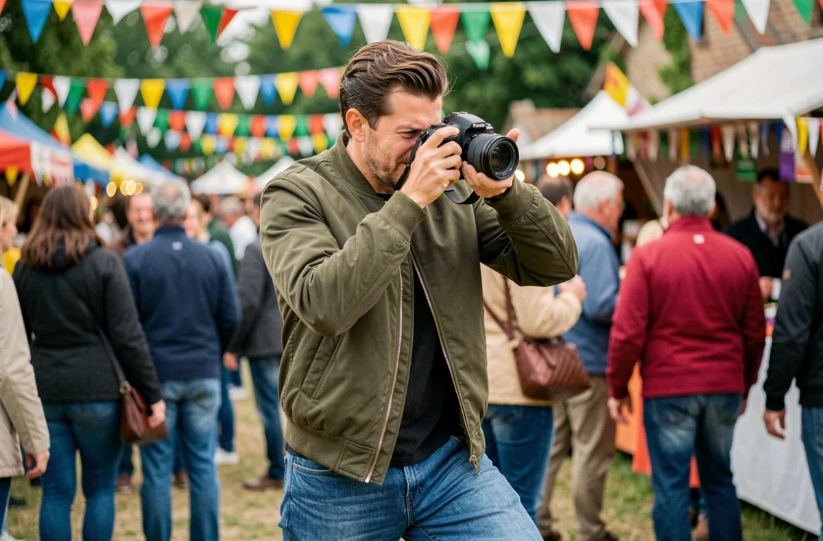 Jordan Chaleix en reportage photographique lors d'un festival en plein air en Lot-et-Garonne