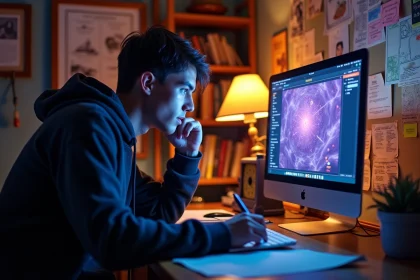 Joueur adulte concentré devant un écran affichant une interface de jeu RPG violet et rouge, entouré de notes de quête et de cartes de jeu Dofus