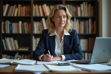 Journaliste professionnelle assise à un bureau de rédaction entouré de documents et d'un ordinateur affichant Wikipédia