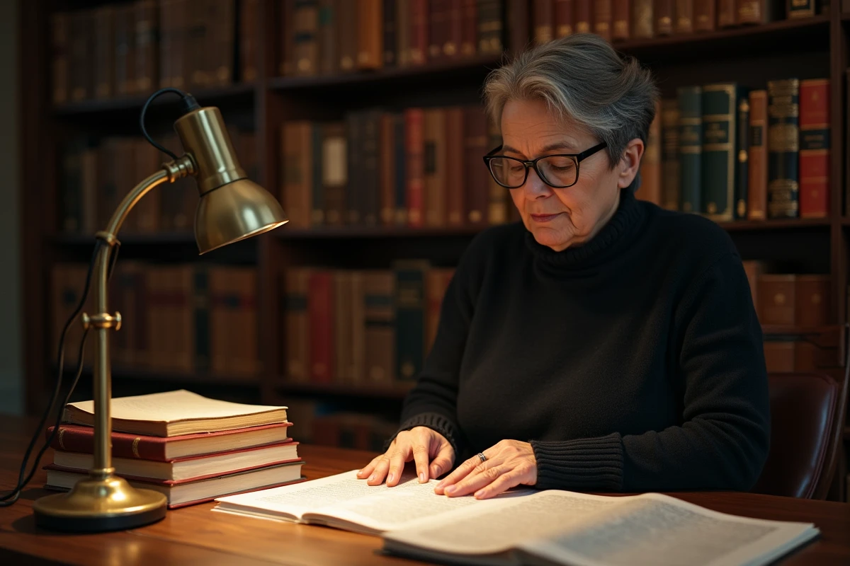 Journaliste senior lisant attentivement un article imprimé de Wikipédia dans une bibliothèque entourée de livres de géopolitique