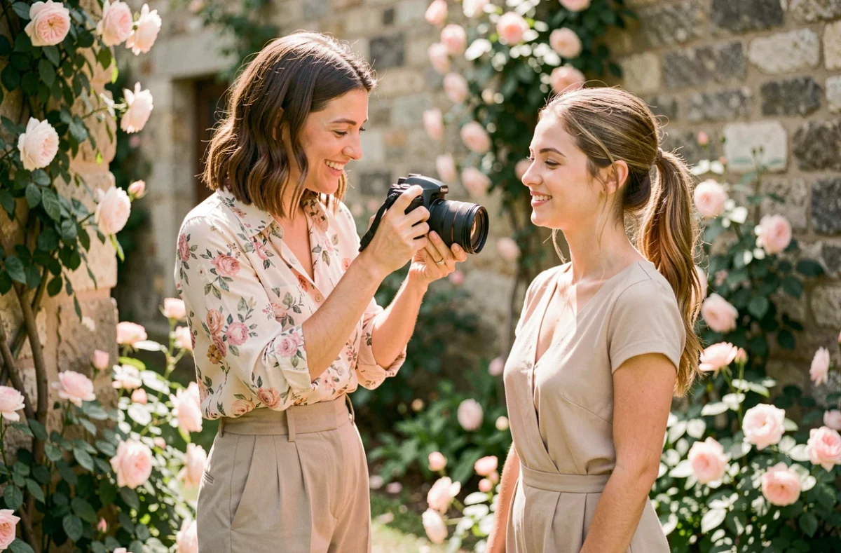 Kelly Photographie réalisant une séance portrait lifestyle dans un jardin fleuri en Lot-et-Garonne