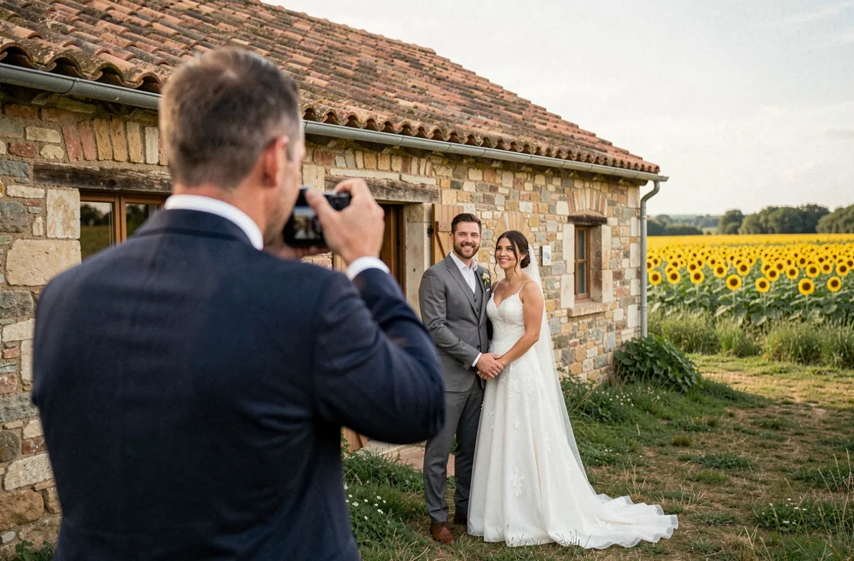 L-Studio Photographie immortalisant un couple de mariés devant une ferme gasconne à Caudecoste en Lot-et-Garonne