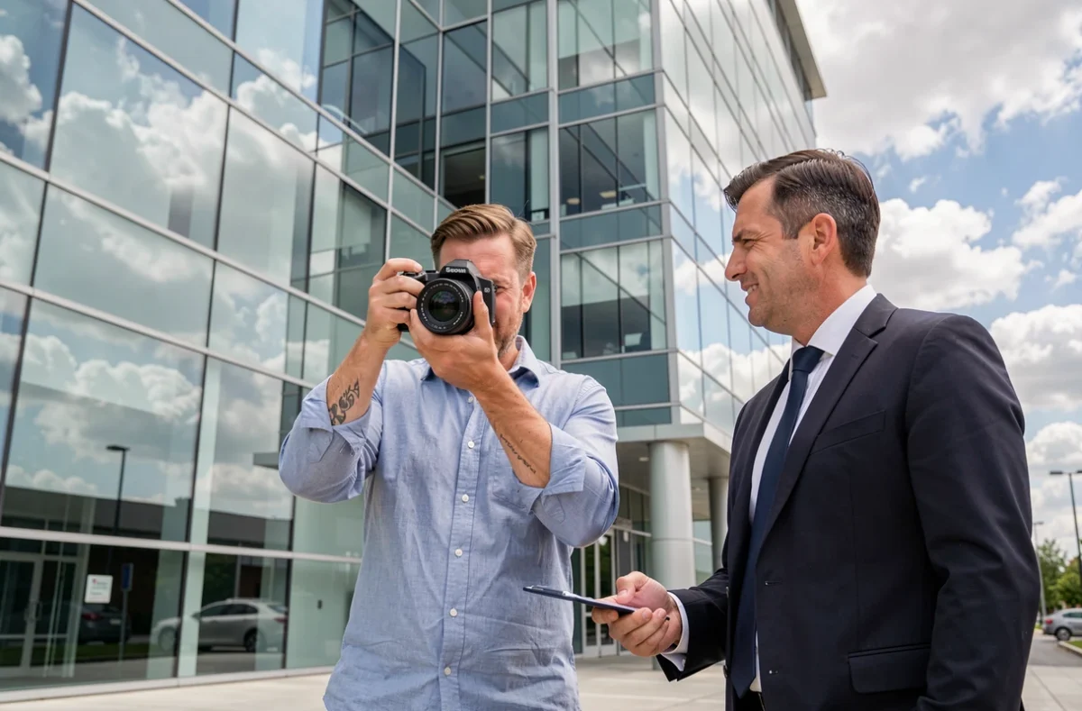 Legoupil Valentin photographe réalisant un reportage corporate devant un immeuble de bureaux moderne en Lot-et-Garonne