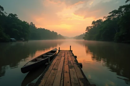 Lever de soleil sur le fleuve Maroni en Guyane française avec une pirogue traditionnelle amarrée à un ponton en bois