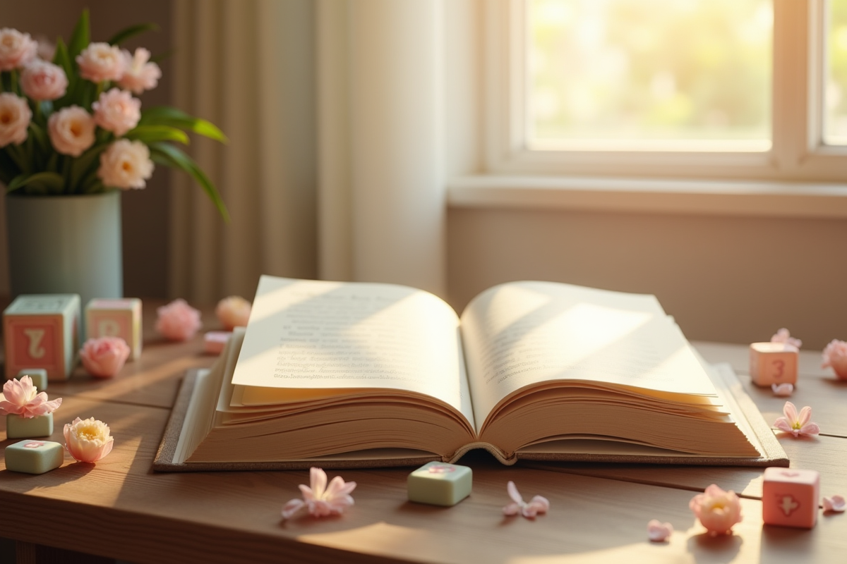 Livre de prénoms pour bébé avec blocs et fleurs pastel