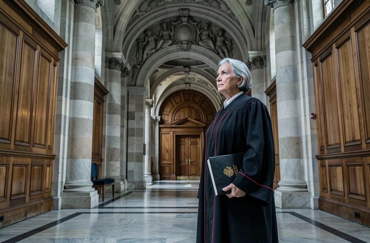 Magistrate en robe noire dans le couloir majestueux d'un palais de justice français, tenant un dossier juridique relié