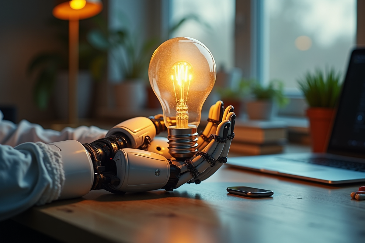 Main robotique tenant une ampoule lumineuse dans un espace futuriste