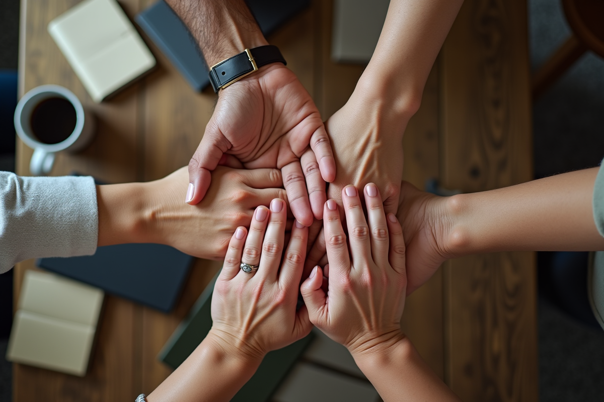 Mains de différentes personnes empilées sur une table en bois