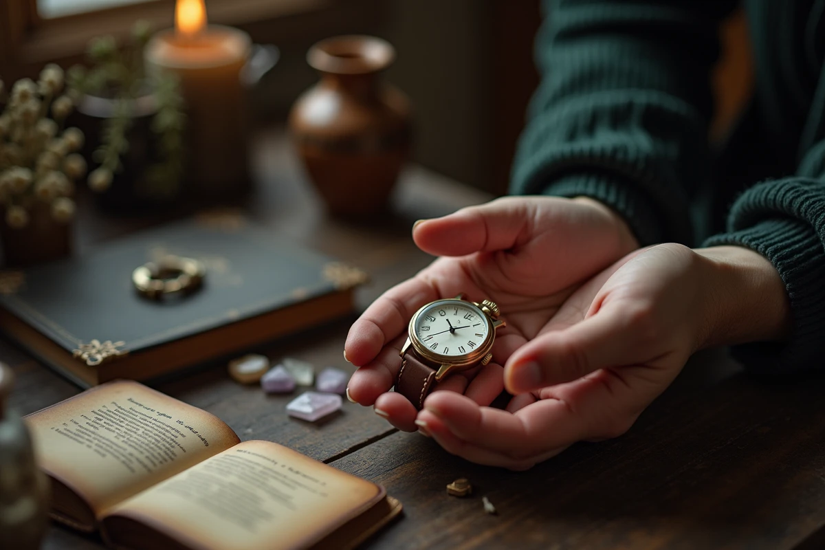 Gros plan de mains tenant une montre vintage indiquant 21h21 sur un bureau avec journal et cristaux