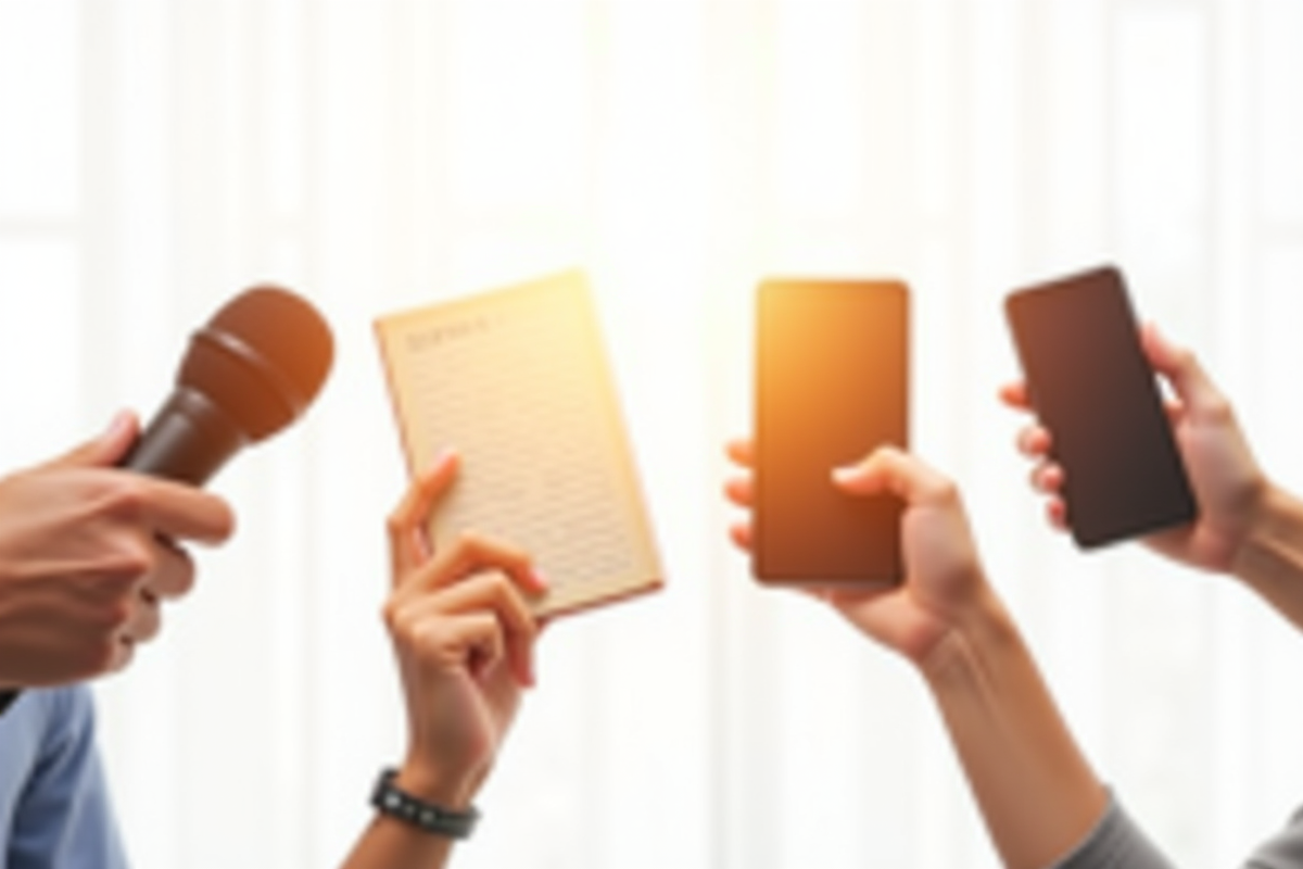 Quatre mains tenant un microphone un livre un smartphone et une poignée de main