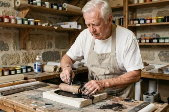 Maître lithographe parisien encrant une pierre calcaire dans un atelier traditionnel, mains tachées d'encre et regard concentré
