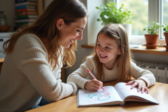 Mère et fille dessinant dans une cuisine chaleureuse