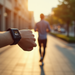 Personne marchant vite dans la ville avec montre connectee