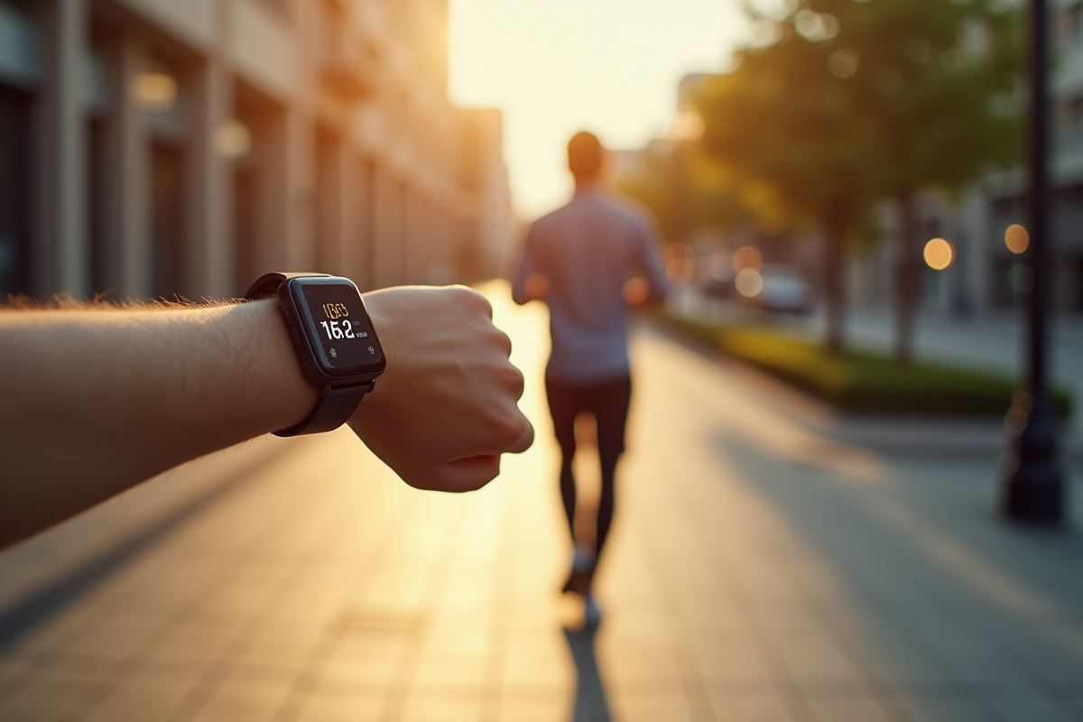 Personne marchant vite dans la ville avec montre connectee