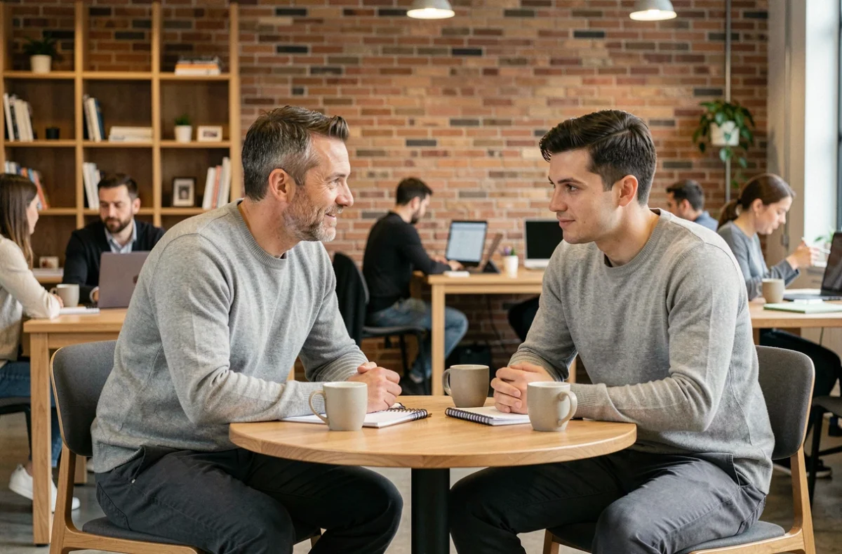 Leader bienveillant de type MBTI Protagoniste en session de coaching individuel avec un collaborateur en espace de coworking
