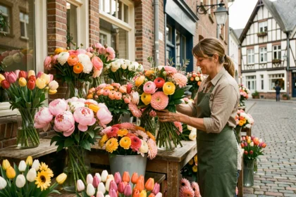Vue d'ensemble d'une boutique fleuriste dans les Hauts-de-France avec des bouquets colorés exposés sur des tables en bois devant une façade en briques flamandes