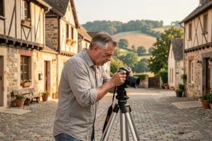 Photographe professionnel en Lot-et-Garonne réglant son appareil photo dans un village typique du Sud-Ouest français
