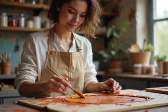 Femme mélangeant des peintures acryliques sur une palette en bois pour obtenir une couleur marron chaude dans un atelier d'art