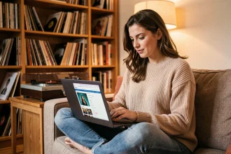 Mélomane parcourant une liste de chanteurs sur le site oscarmusic.com depuis son canapé entouré de vinyles