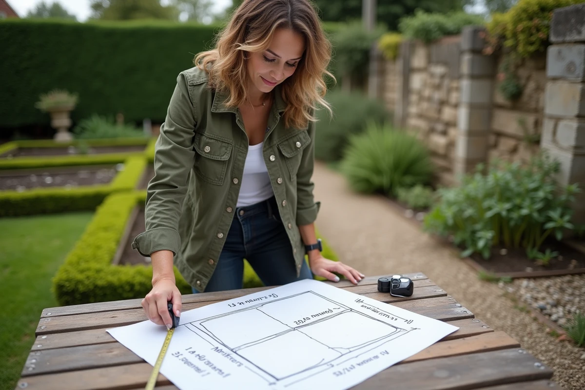 Femme mesurant la surface de son jardin en mètres carrés avec un plan dessiné à la main et un mètre ruban