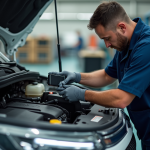 Moteur Citroen inspecte avec un outil de diagnostic en plein jour