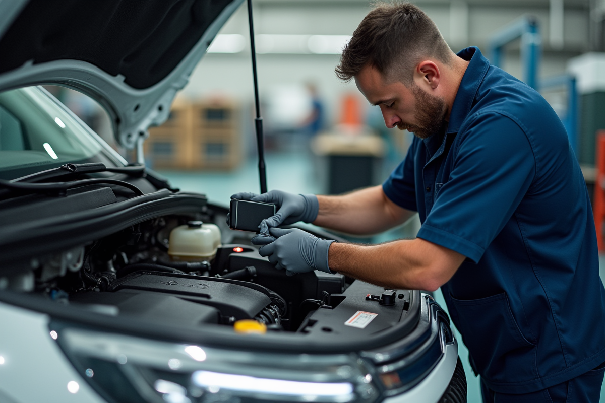 Moteur Citroen inspecte avec un outil de diagnostic en plein jour