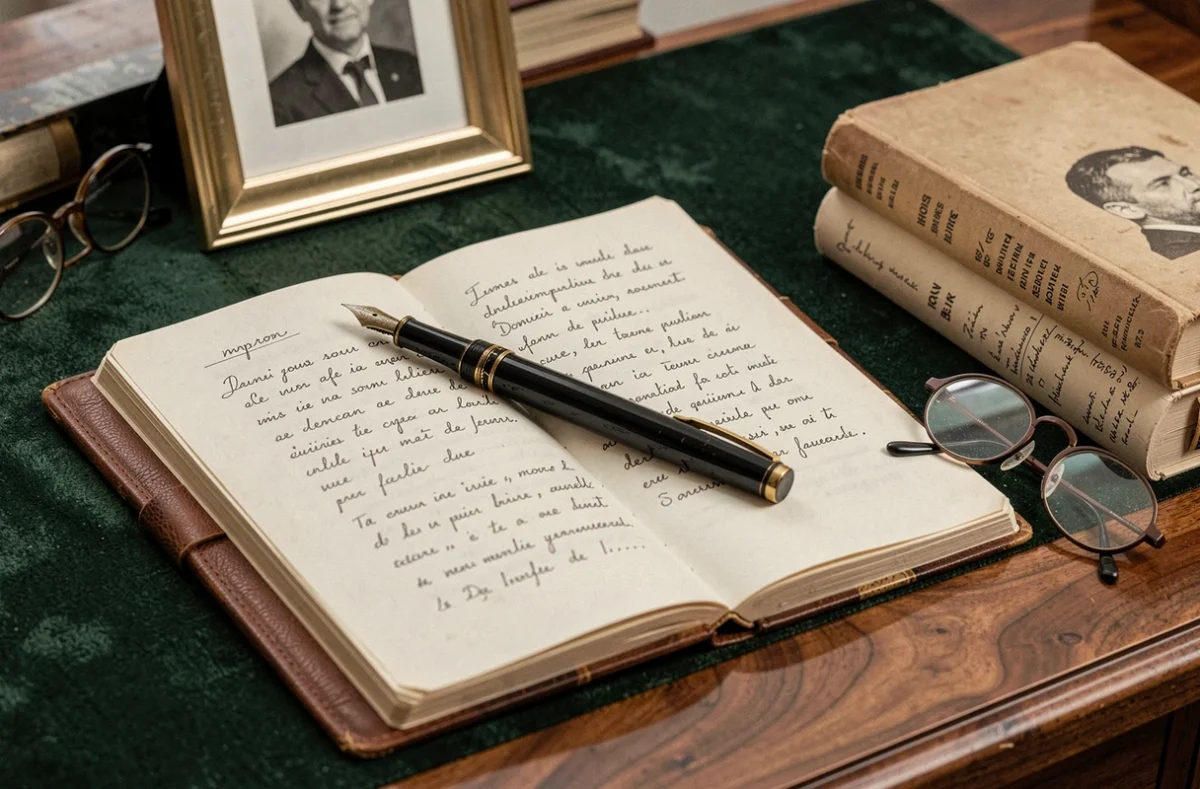 Nature morte de bureau avec journal manuscrit, stylo plume et lunettes évoquant la vie privée et l'héritage d'une personnalité académique