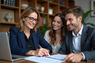 Notaire expliquant un document à un jeune couple dans un bureau moderne