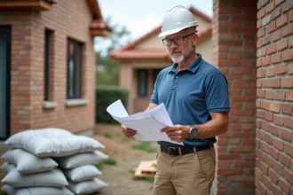 Ouvrier en chantier examinant des plans de construction