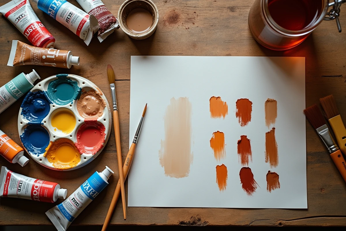 Vue du dessus d'une palette de mélange avec des tubes de peinture et des échantillons de nuances de marron sur papier blanc