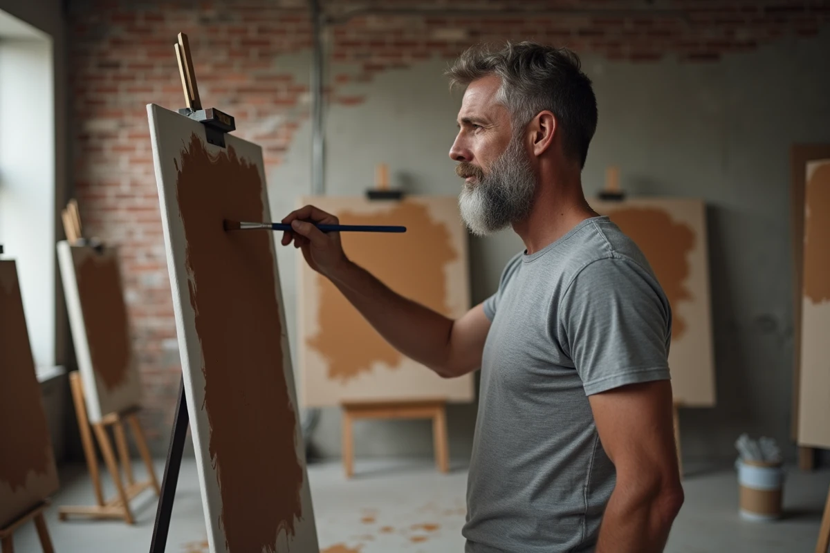 Peintre appliquant une couleur marron mélangée sur une toile dans un atelier industriel avec murs en briques
