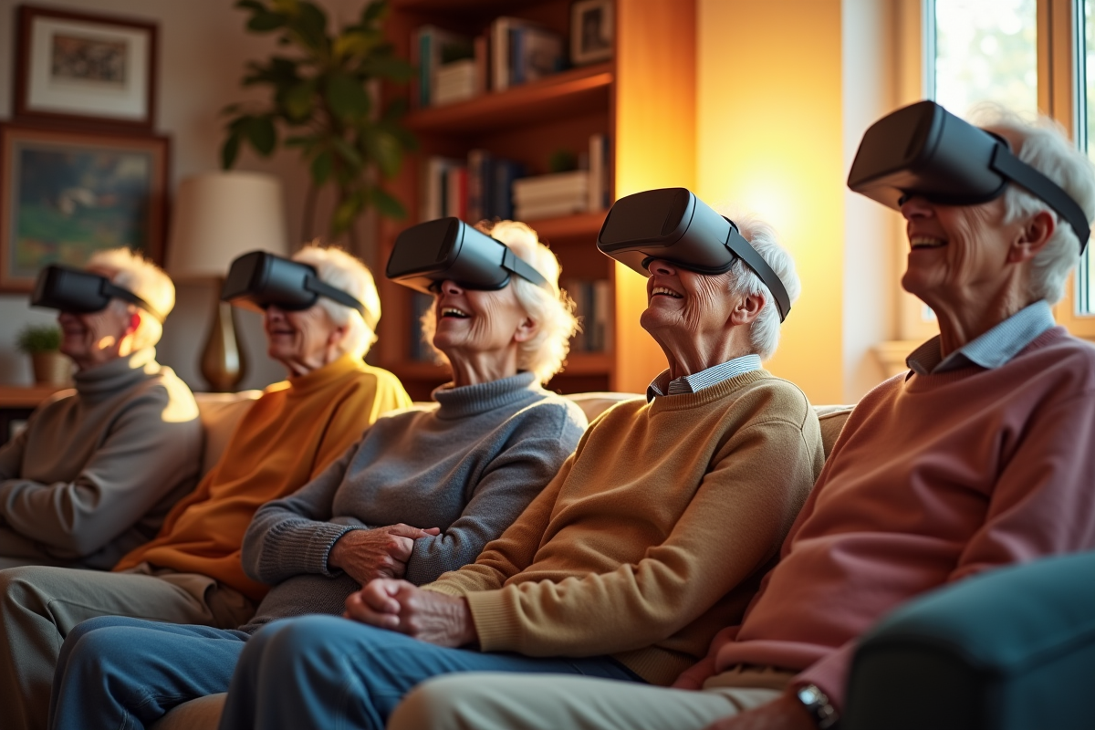 Personnes agees explorant la VR dans un salon chaleureux