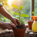Mains de jardinier plantant un chèvrefeuille dans un pot en terre cuite