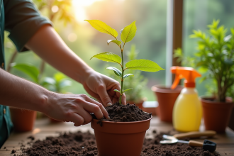 Mains de jardinier plantant un chèvrefeuille dans un pot en terre cuite