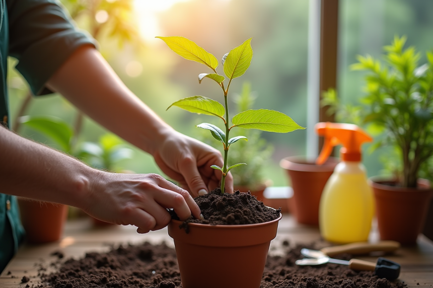 Mains de jardinier plantant un chèvrefeuille dans un pot en terre cuite