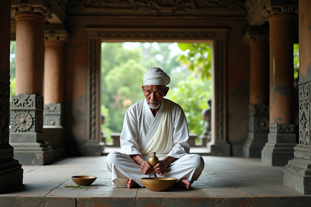Pretre balinais âgé dans un sanctuaire avec offrandes