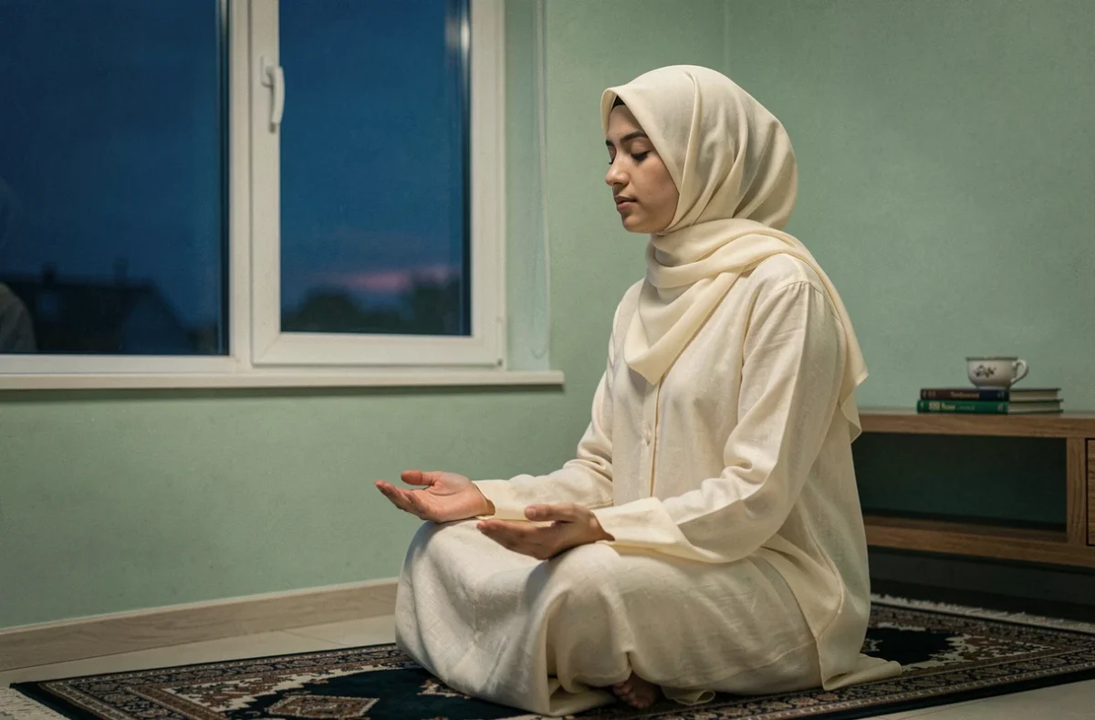 Femme musulmane en prière tahajjud en position de supplication près d'une fenêtre avant l'aube