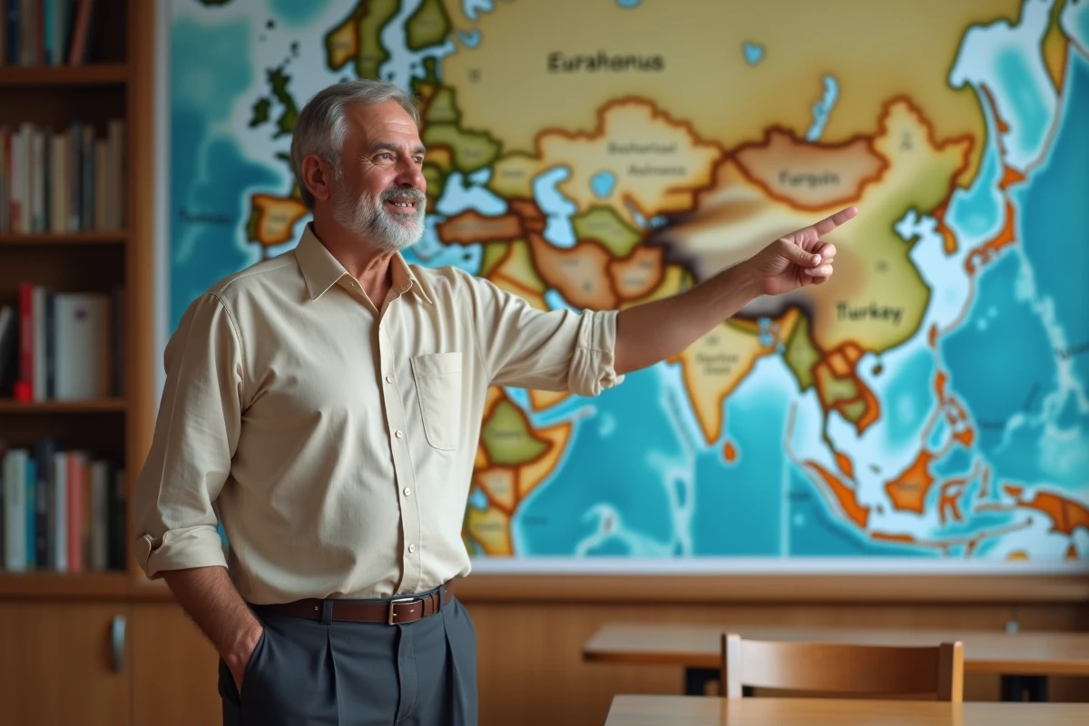Professeur de géographie pointant la Turquie sur une carte murale dans une salle de classe