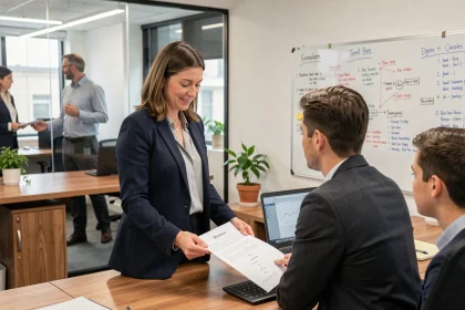 Cadre intermédiaire féminin coordonnant une équipe dans un bureau open space, illustrant la profession intermédiaire en sociologie du travail