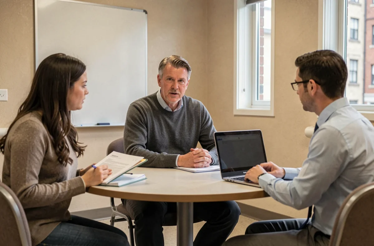 Professionnel intermédiaire du secteur public facilitant une réunion entre travailleurs sociaux et administration, illustrant le rôle de interface des professions intermédiaires