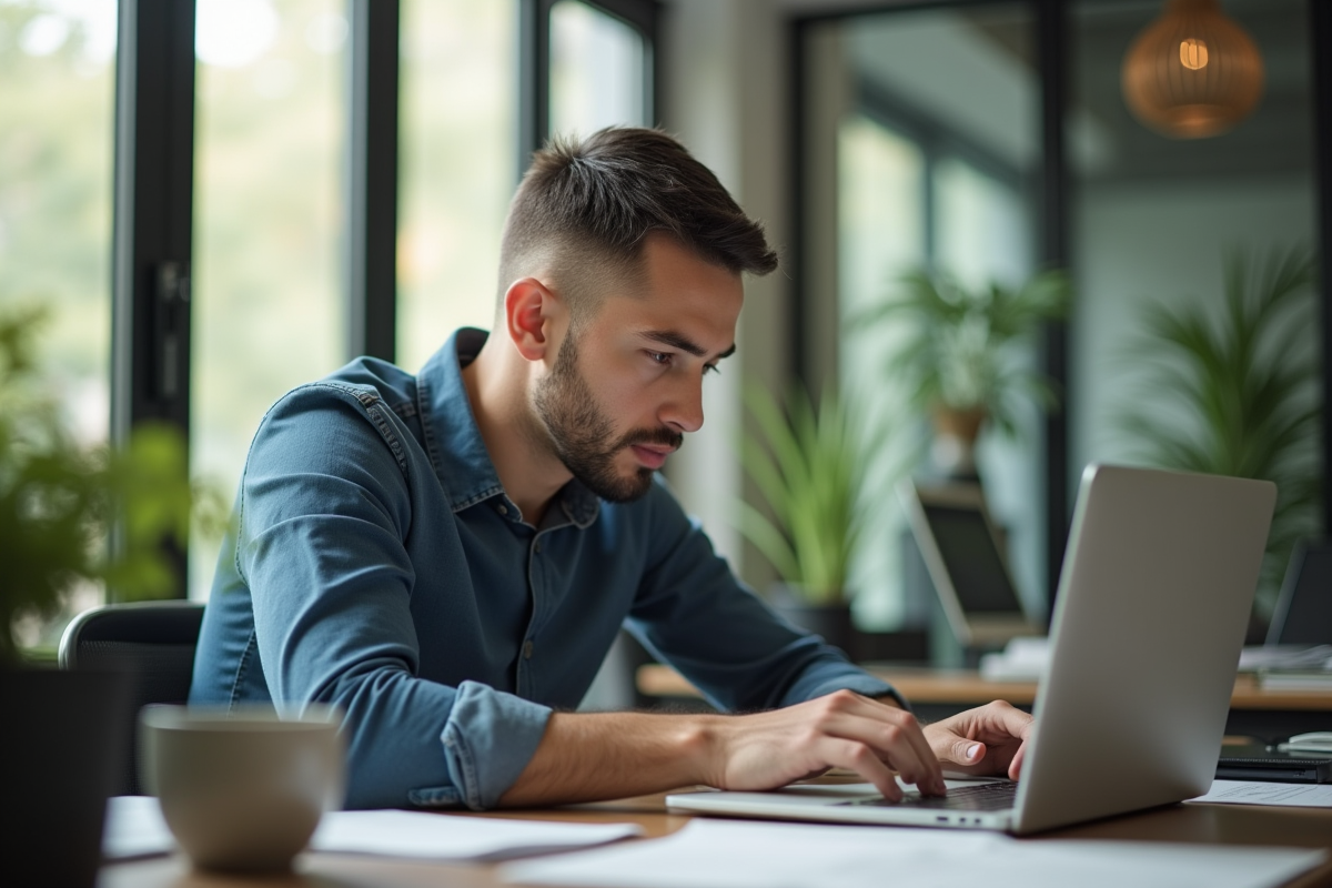 Homme concentré travaillant sur un ordinateur dans un espace coworking à Chiang Mai