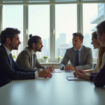 Quatre professionnels en discussion dans un bureau lumineux